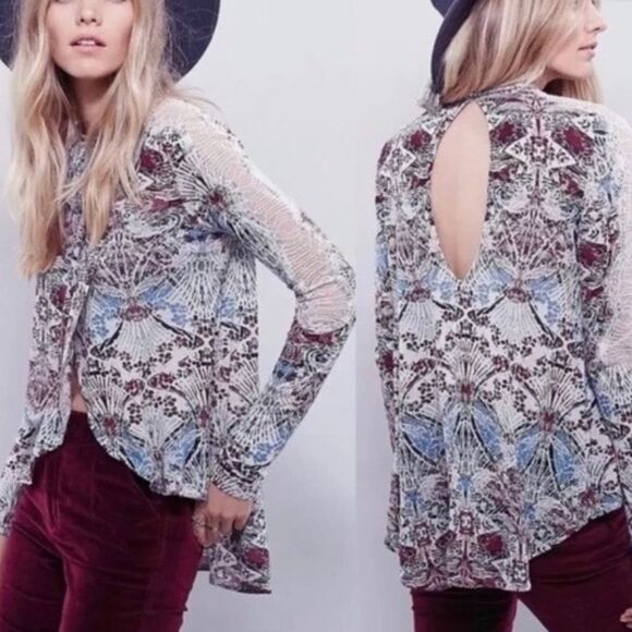 Free People FAB! Nouveau Tulip Front Top Boho Lace Detail in Multi Size Large - Picture 1 of 6